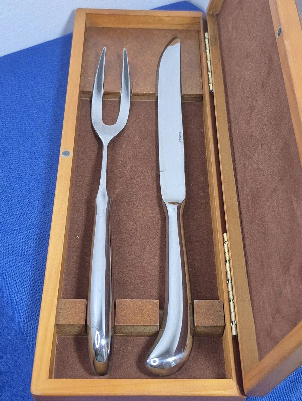Chefmate Stainless Steel Carving Knife & Fork Set in Wood Case